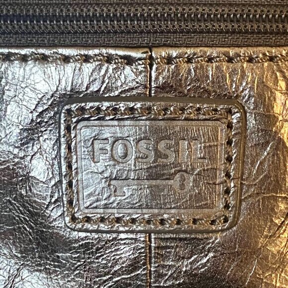 Fossil Champagne Silver Metallic Leather Crossbody Bag Brushed Nickel Pockets EC - Picture 10 of 10